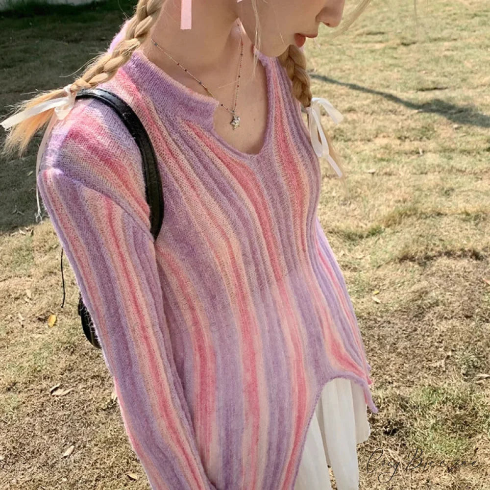 Y2K Retro Long Sleeve Vertical Stripe Print Knit Top knittop-250126