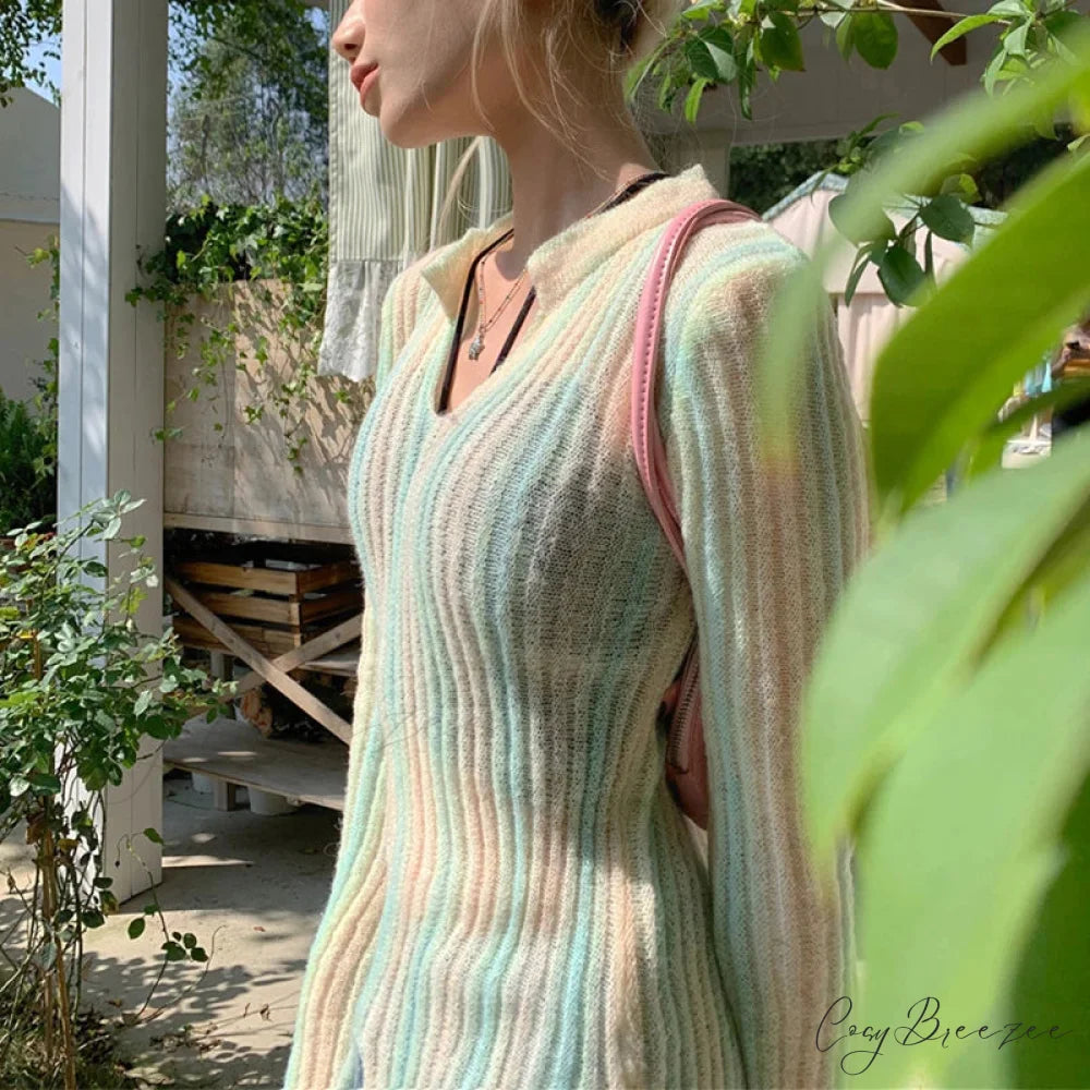 Y2K Retro Long Sleeve Vertical Stripe Print Knit Top knittop-250126