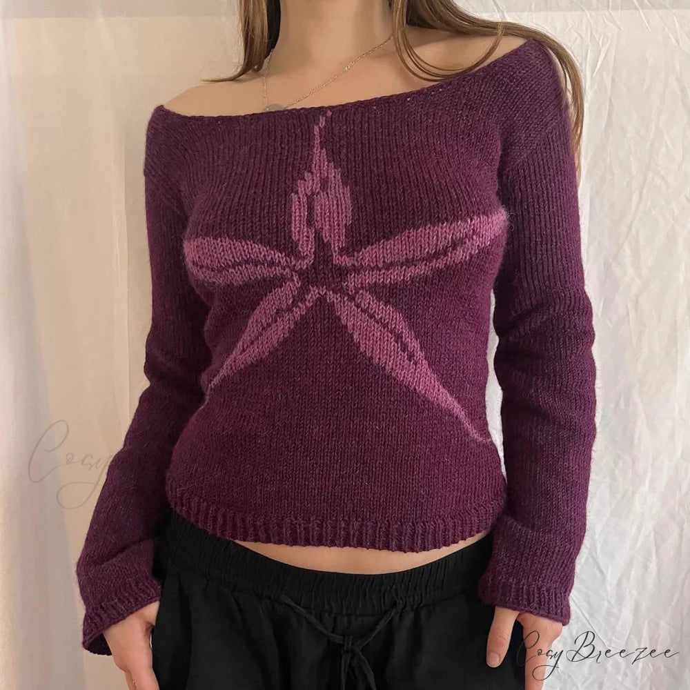 Y2K Retro Off Shoulder Slim Fit Aesthetic Knit Top Lavender / S knittop-250126