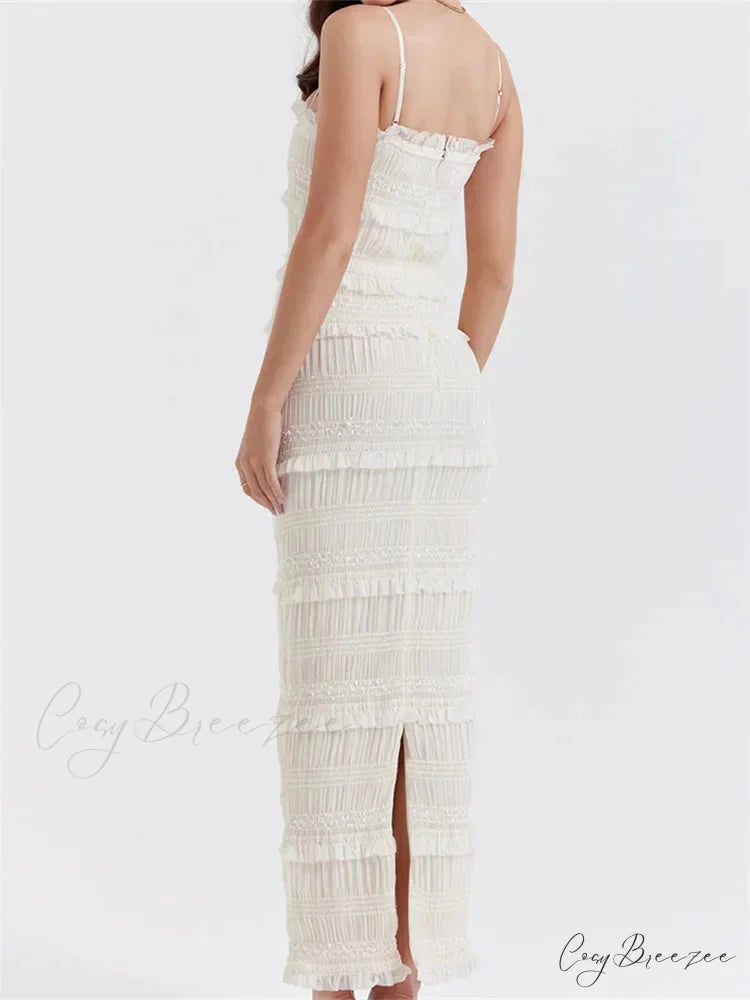 Y2K Ruched Sleeveless Strap Sling for Women Ruffles Square Neck Low Cut Back Split Female Vestidos
