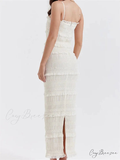 Y2K Ruched Sleeveless Strap Sling for Women Ruffles Square Neck Low Cut Back Split Female Vestidos