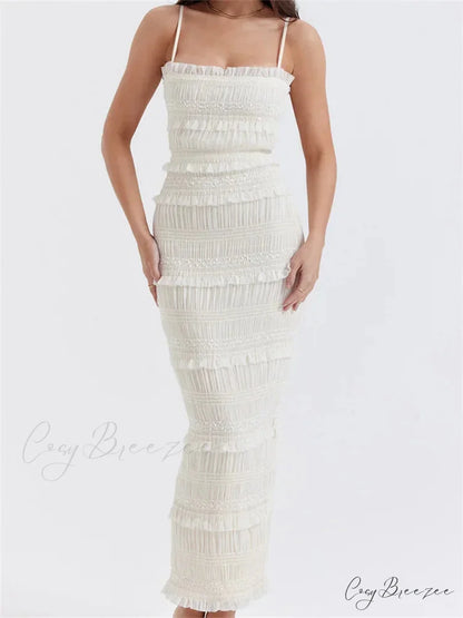 Y2K Ruched Sleeveless Strap Sling for Women Ruffles Square Neck Low Cut Back Split Female Vestidos