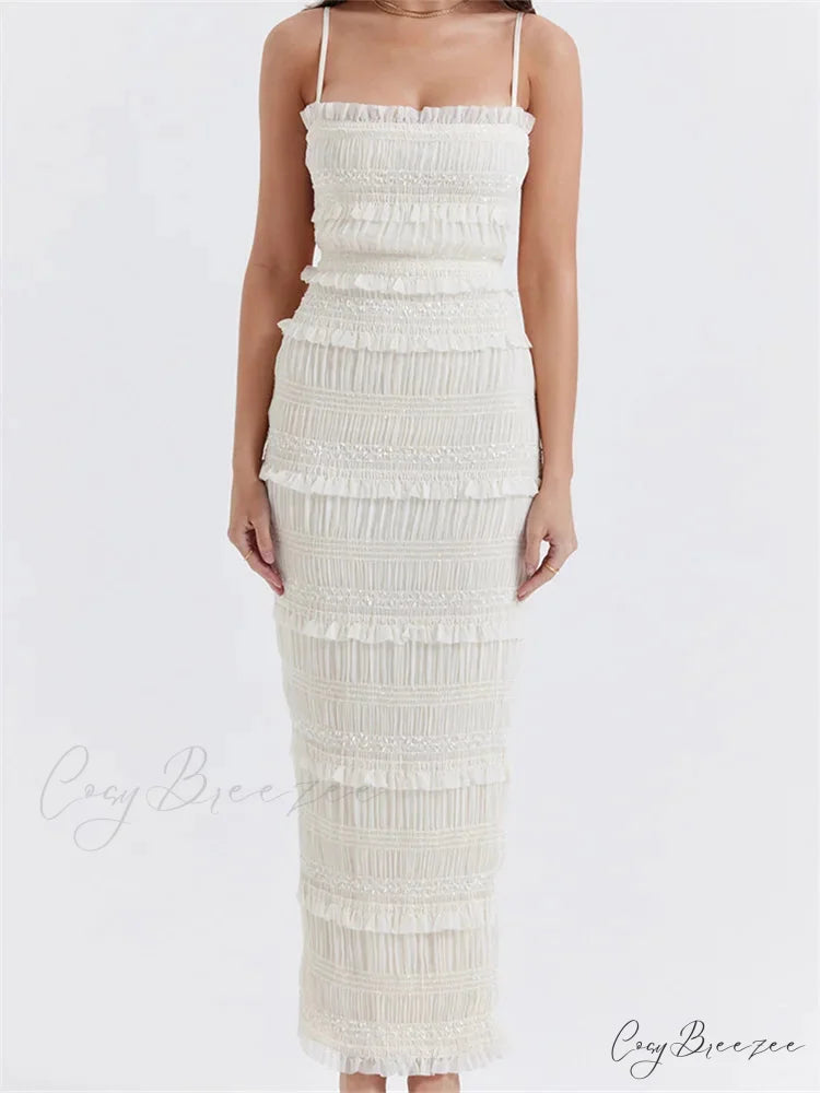 Y2K Ruched Sleeveless Strap Sling for Women Ruffles Square Neck Low Cut Back Split Female Vestidos
