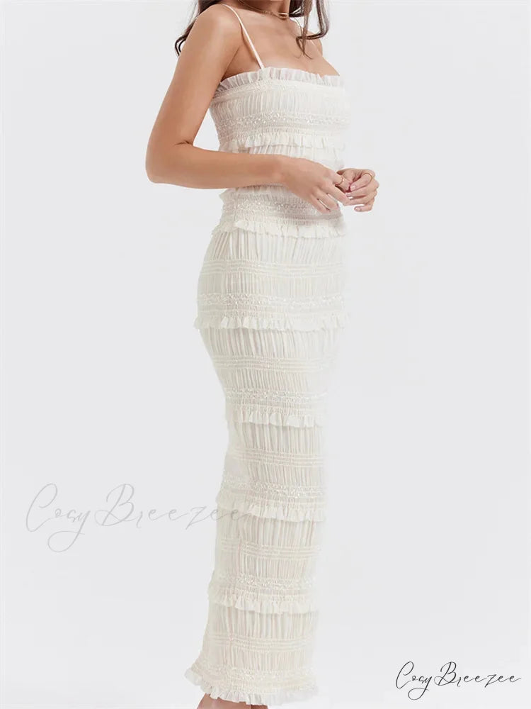 Y2K Ruched Sleeveless Strap Sling for Women Ruffles Square Neck Low Cut Back Split Female Vestidos