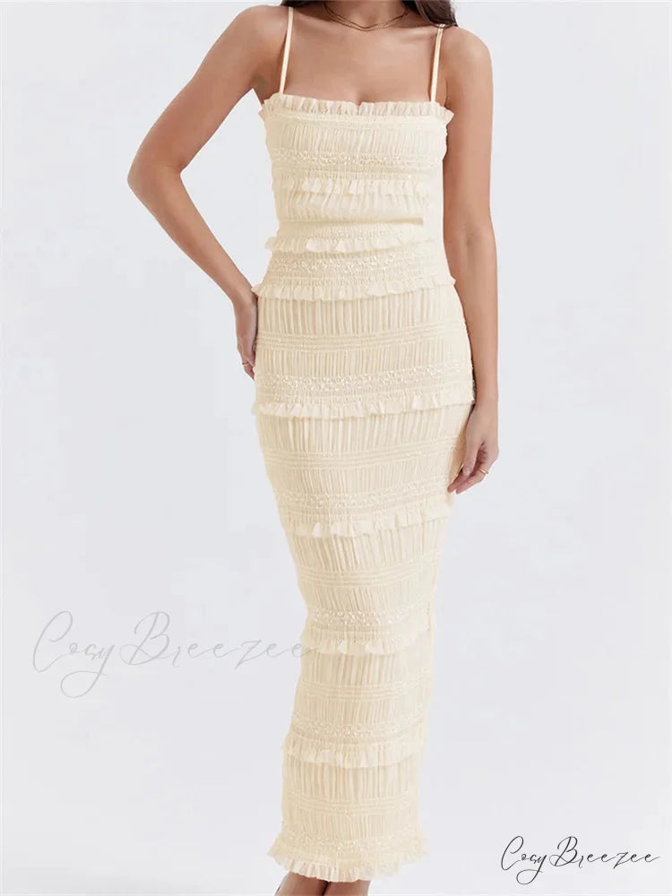 Y2K Ruched Sleeveless Strap Sling for Women Ruffles Square Neck Low Cut Back Split Female Vestidos BEIGE / S