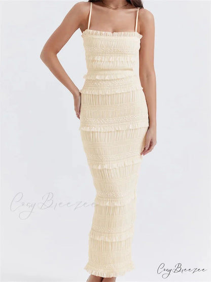 Y2K Ruched Sleeveless Strap Sling for Women Ruffles Square Neck Low Cut Back Split Female Vestidos BEIGE / S