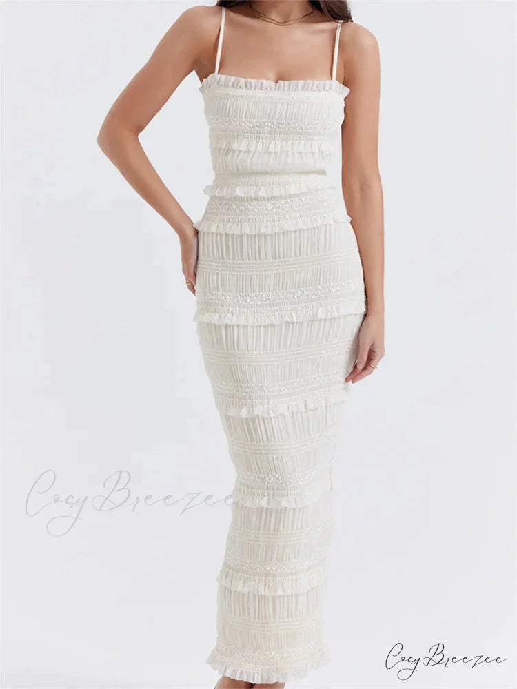 Y2K Ruched Sleeveless Strap Sling for Women Ruffles Square Neck Low Cut Back Split Female Vestidos WHITE / S