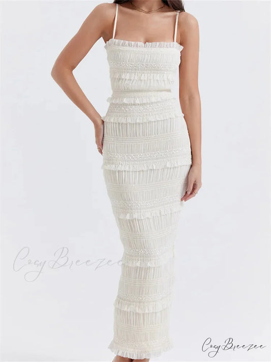 Y2K Ruched Sleeveless Strap Sling for Women Ruffles Square Neck Low Cut Back Split Female Vestidos WHITE / S