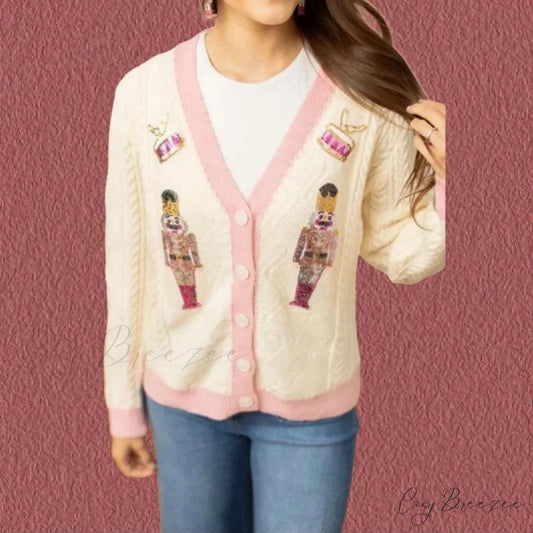 Y2K Sequins V-neck Single Breasted Cardigan BEIGE / S