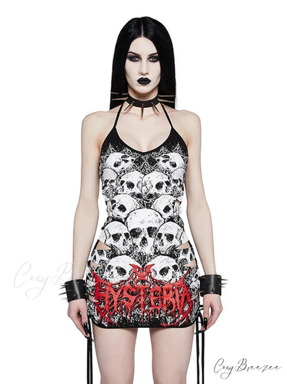 Y2K Skull Print Plus Size Punk Hollow Out Sleeveless Strap Drawstring Sling Party Cami Dress Black / XS