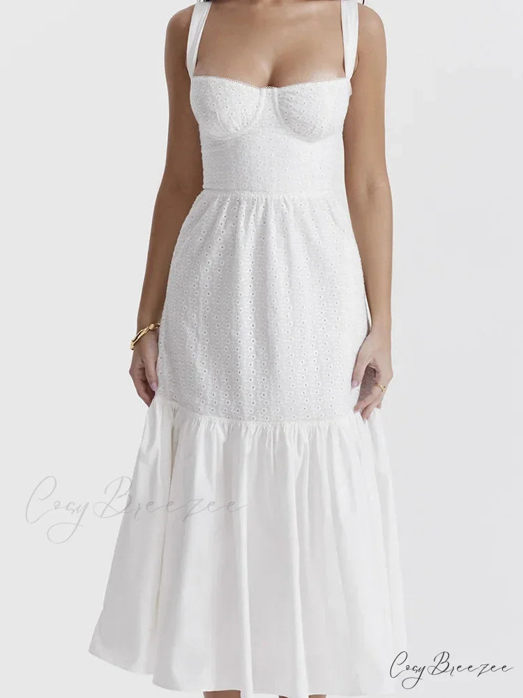 Y2K Square Neck Lace for Women Low Cut Sleeveless Spaghetti Strap White Summer Female Vestidos