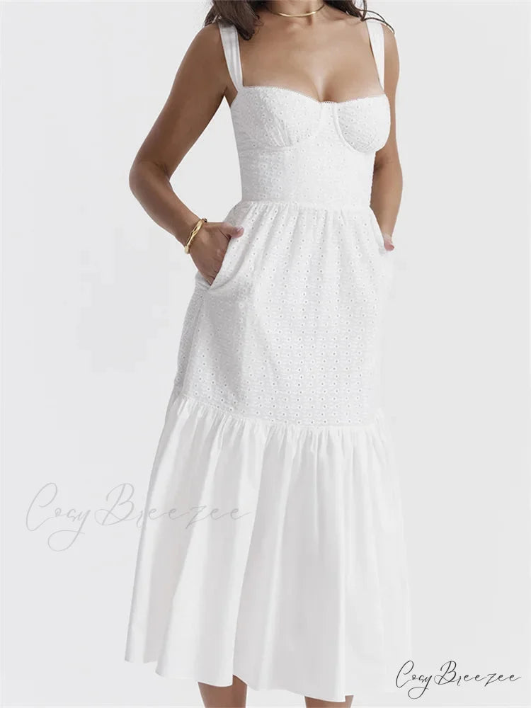 Y2K Square Neck Lace for Women Low Cut Sleeveless Spaghetti Strap White Summer Female Vestidos