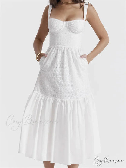 Y2K Square Neck Lace for Women Low Cut Sleeveless Spaghetti Strap White Summer Female Vestidos WHITE / S
