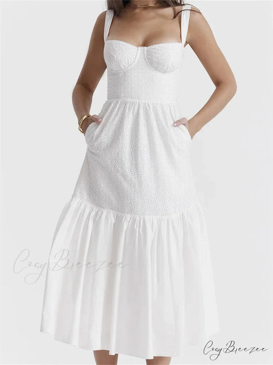 Y2K Square Neck Lace for Women Low Cut Sleeveless Spaghetti Strap White Summer Female Vestidos WHITE / S