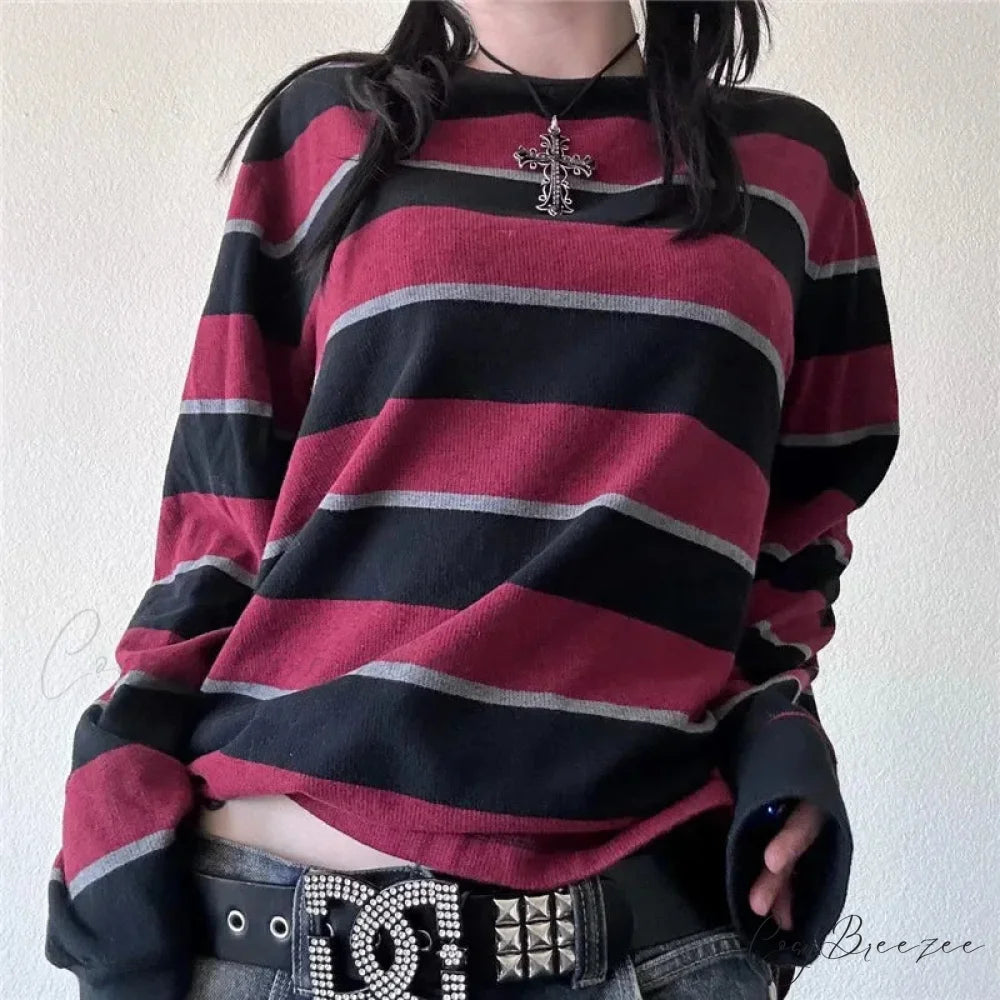 Y2k Stripe Graphic Slim Grunge Long Sleeve Knit Top Red / S knittop-250126