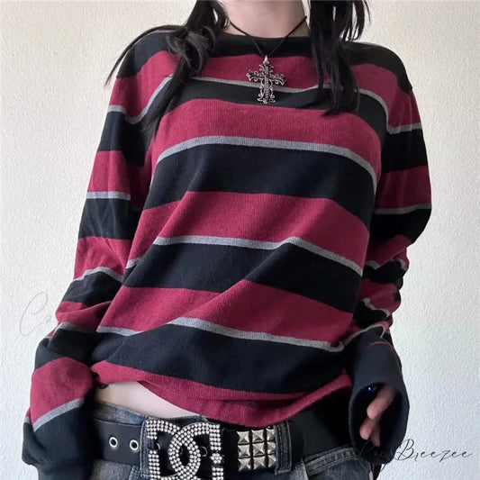 Y2k Stripe Graphic Slim Grunge Long Sleeve Knit Top Red / S knittop-250126