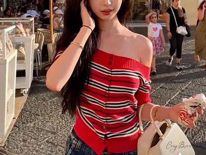 Y2K Striped Knitted Off Shoulder Button-front Sweater Knit Top Red / One Size knittop-250126