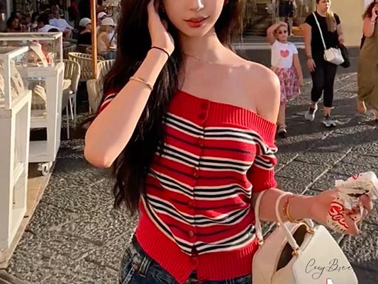 Y2K Striped Knitted Off Shoulder Button-front Sweater Knit Top Red / One Size knittop-250126
