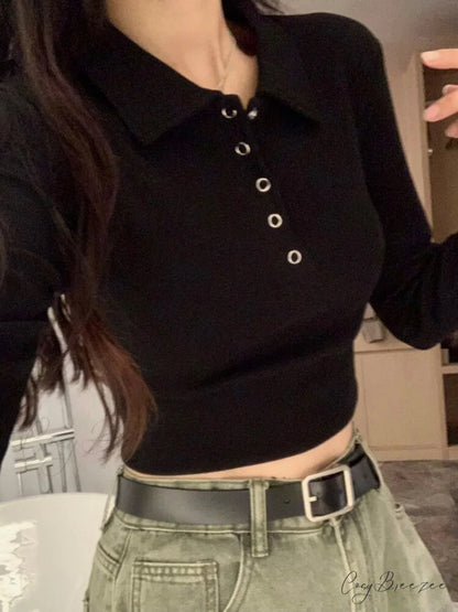 Y2K T-shirt Tops Fashion Slim Arm Polo Solid Vintage Brief Casual Women Long Korean Warm Shirts