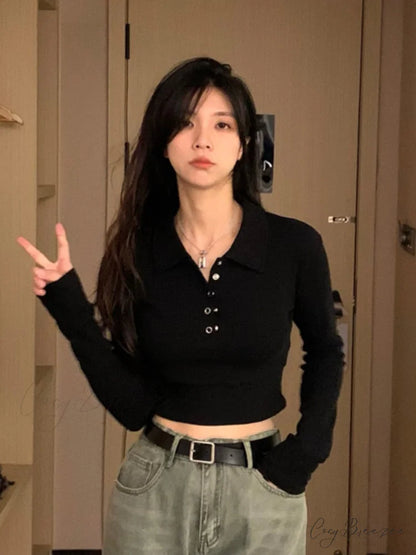 Y2K T-shirt Tops Fashion Slim Arm Polo Solid Vintage Brief Casual Women Long Korean Warm Shirts Black / S