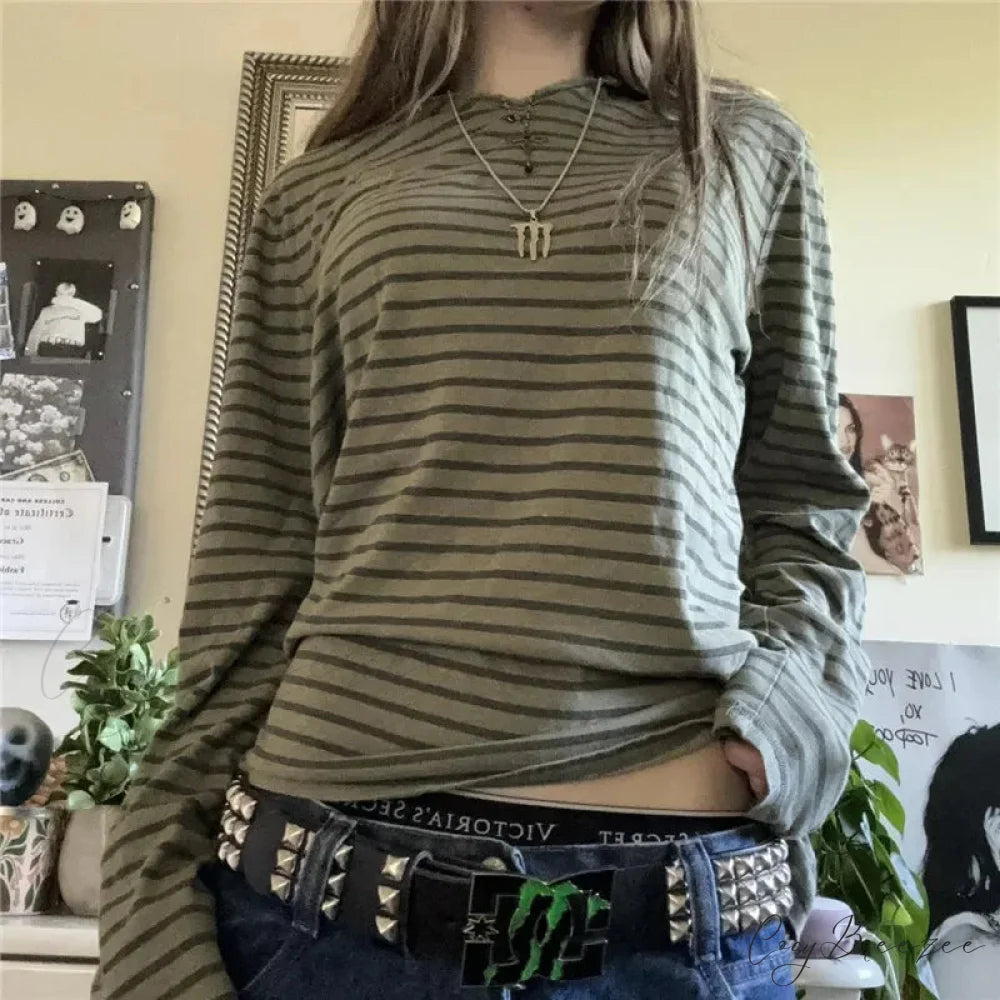 Y2K Teen Striped Long Sleeve Fairy Grunge Baggy Knit Top Green / S knittop-250126