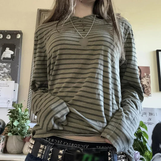 Y2K Teen Striped Long Sleeve Fairy Grunge Baggy Knit Top knittop-250126