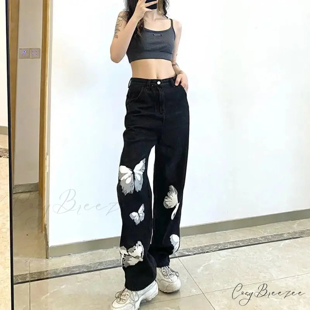 Y2K Vintage Black Wide Leg Jeans Pants pants-241228