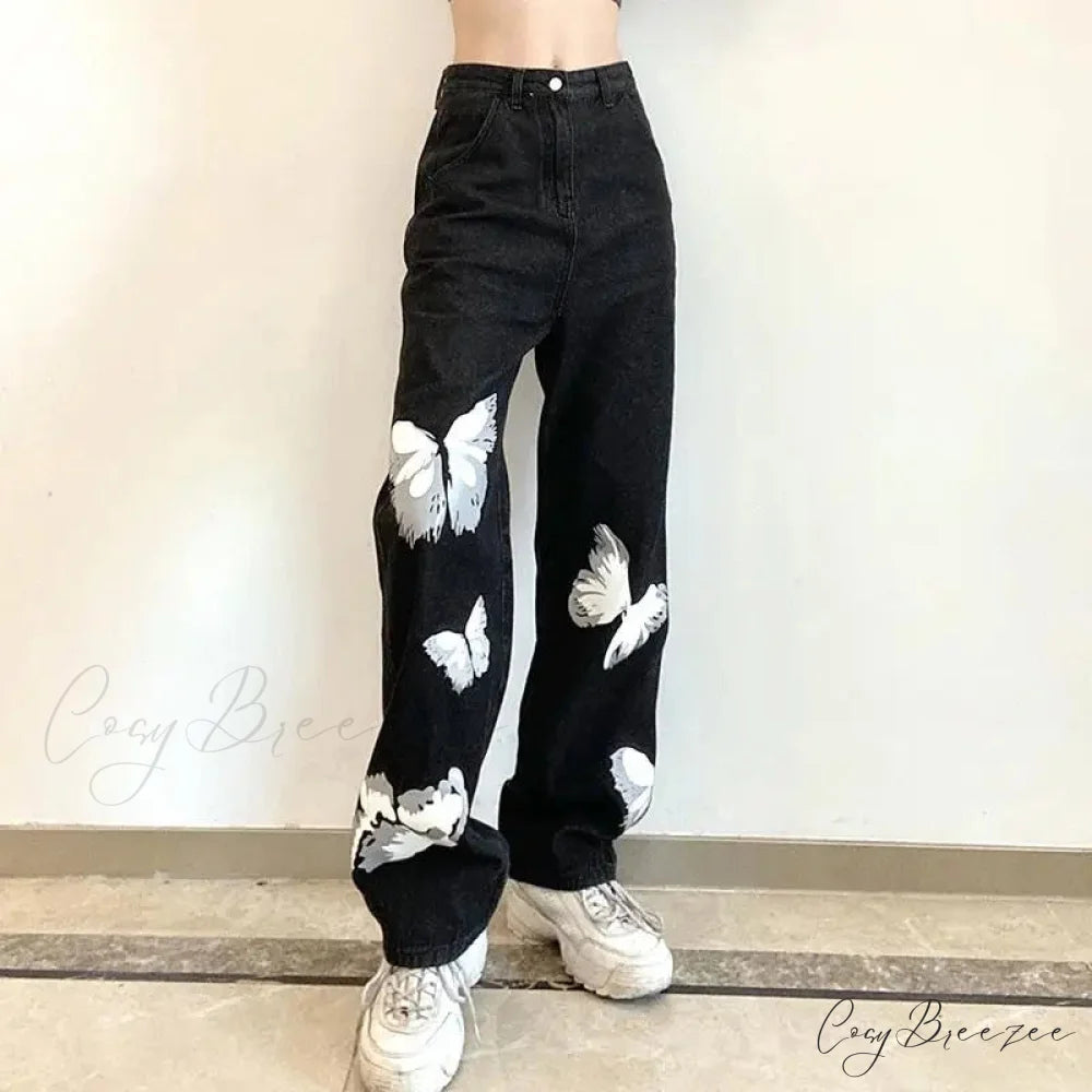Y2K Vintage Black Wide Leg Jeans Pants Black / S (45-50kg) pants-241228