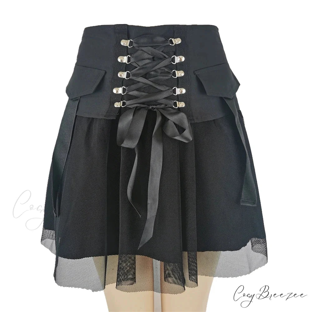 Y2k Vintage Dark Straps Female Style Ladies Harajuku Mesh Summer Streetwear Black Sexy High Waist A-Line Skirt BLACK / S