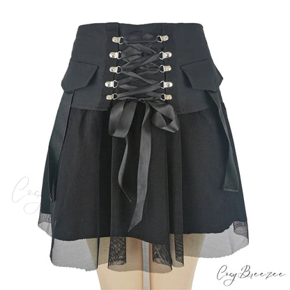 Y2k Vintage Dark Straps Female Style Ladies Harajuku Mesh Summer Streetwear Black Sexy High Waist A-Line Skirt BLACK / S