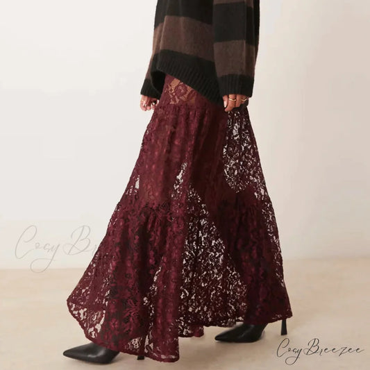 Y2K Vintage Floral Lace Sheer High Waist Skirt Claret / S skirt-250126
