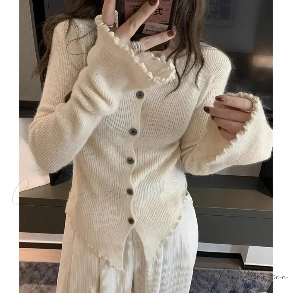 Y2k Vintage Grey Harajuku Long Sleeve Slim Casual Cardigan WHITE / S