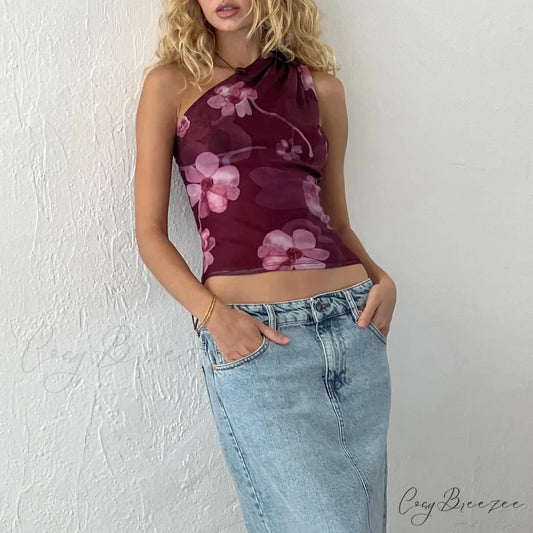 Y2K Vintage Ruched One Shoulder Slim Crop Top PURPLE / S
