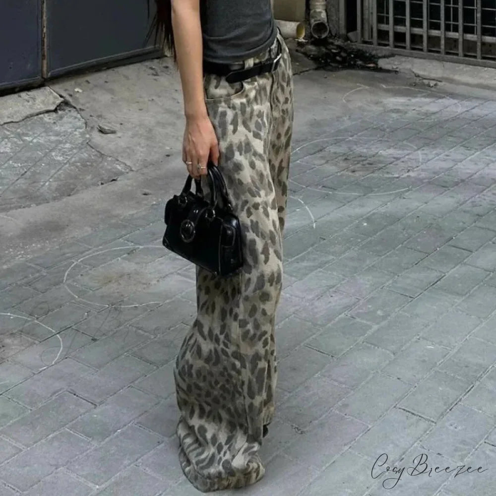 Y2K Washed Leopard Print Wide Leg Jeans Pants pants-241228