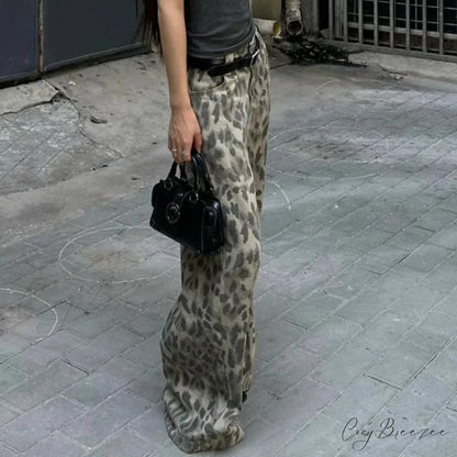 Y2K Washed Leopard Print Wide Leg Jeans Pants pants-241228