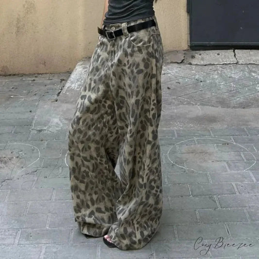 Y2K Washed Leopard Print Wide Leg Jeans Pants pants-241228