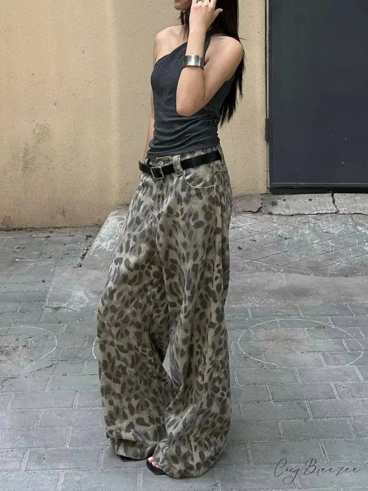 Y2K Washed Leopard Print Wide Leg Jeans Pants Olive / S pants-241228