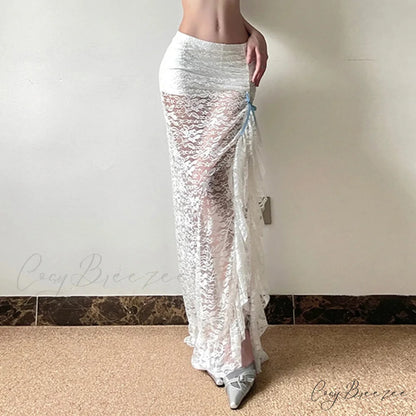 Y2K White Boho Floral Lace Low Waist Maxi Skirt skirt-250126
