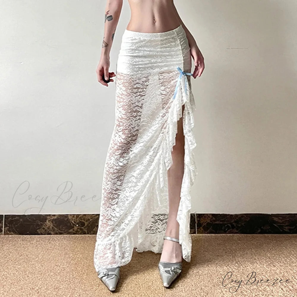 Y2K White Boho Floral Lace Low Waist Maxi Skirt White / S skirt-250126
