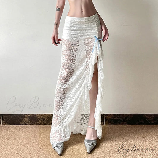 Y2K White Boho Floral Lace Low Waist Maxi Skirt White / S skirt-250126