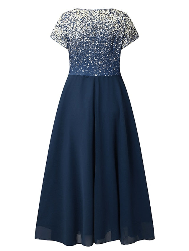 V Patchwork Line Midi A Gown with 2024 Blue Chiffon Navy Color Warm-Season - Neck Women's and Gown Gradient Spring Party - S-3XL