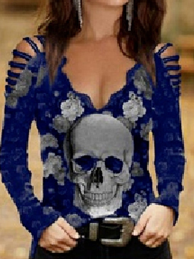 Women's Flowered Off Skull Design Arm Black Painting Regular Cut Out Going Shoulder Blouse Burgundy Tops Neck Basic Tee Fit Halloween Blue Flowered Wine Out Blouse Long Weekend Casual V Cold