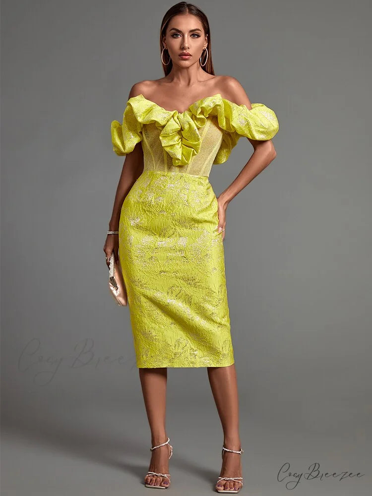 Yellow Bodycon Dress Elegant Sexy Ruffle Club Dress