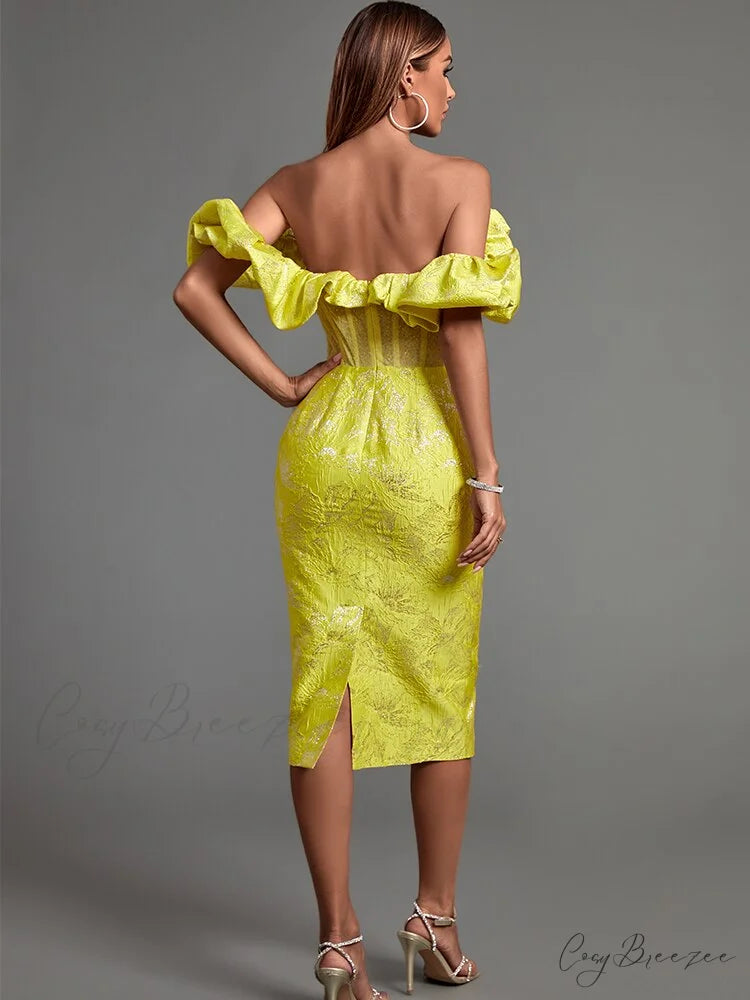 Yellow Bodycon Dress Elegant Sexy Ruffle Club Dress