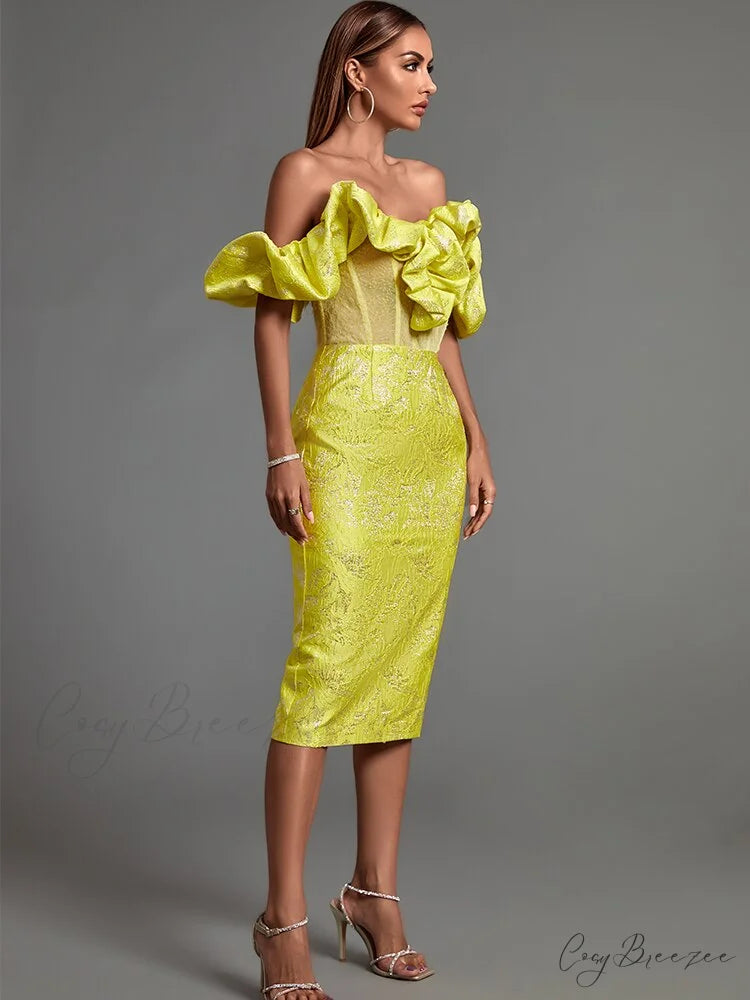 Yellow Bodycon Dress Elegant Sexy Ruffle Club Dress