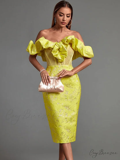 Yellow Bodycon Dress Elegant Sexy Ruffle Club Dress Yellow / L