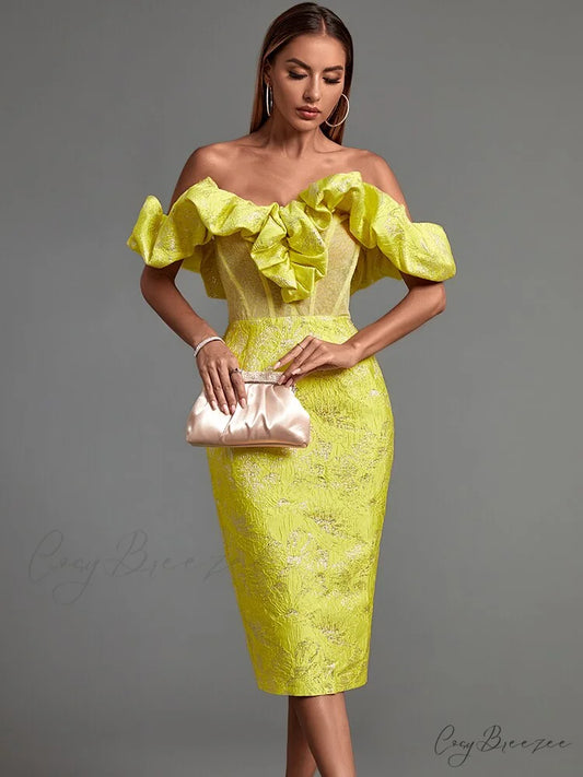 Yellow Bodycon Dress Elegant Sexy Ruffle Club Dress Yellow / L