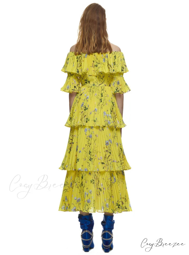 Yellow Bohemian Long Dress with Ruffle Pleated Printing