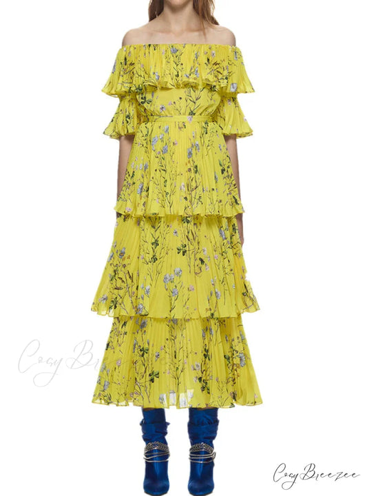 Yellow Bohemian Long Dress with Ruffle Pleated Printing