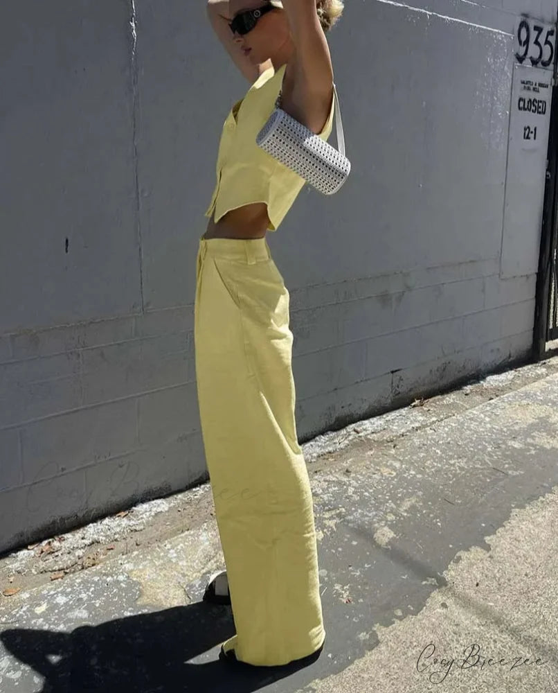 Yellow Cotton Sleeveless Crop Trousers Office Set officetwopieceset-250223